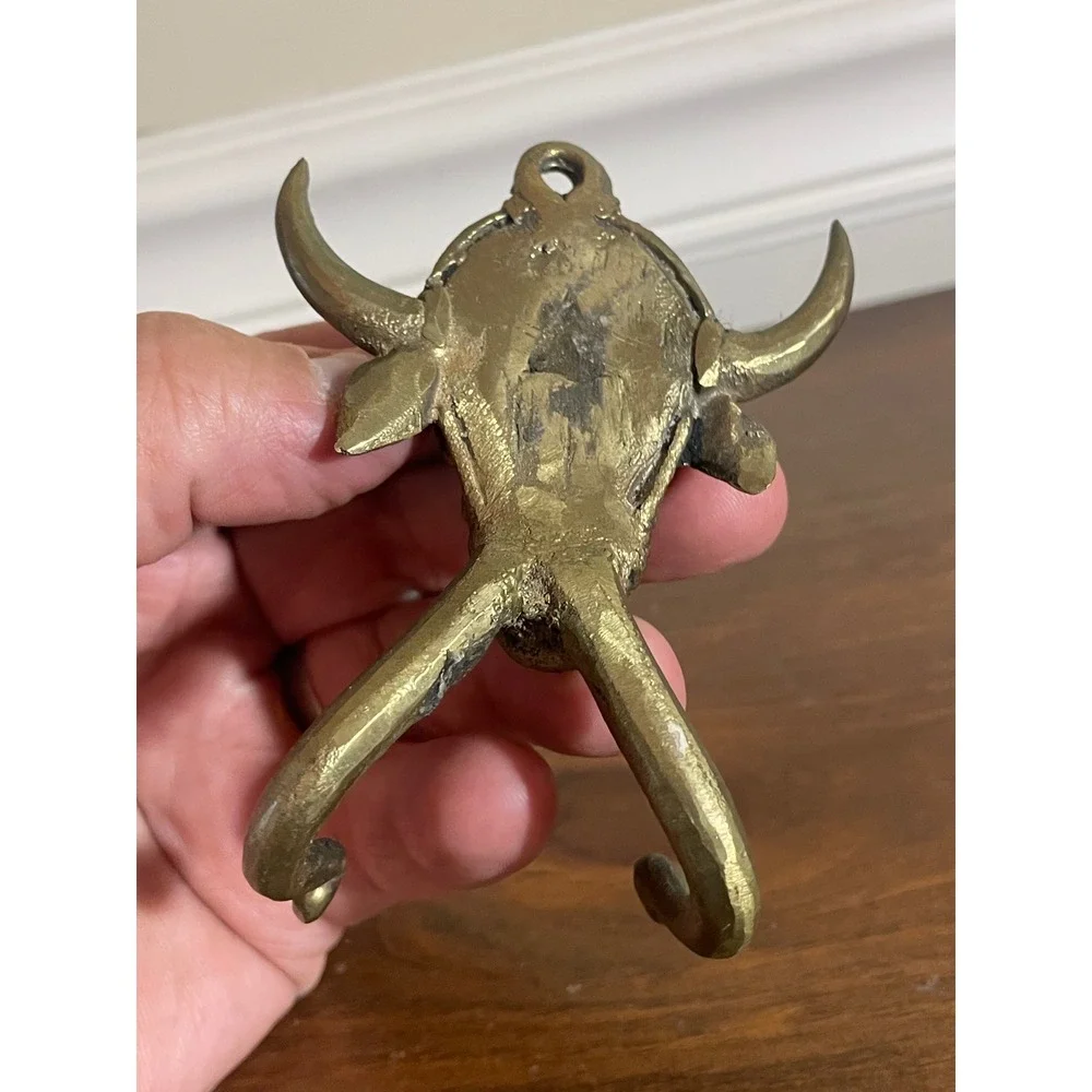 Vintage Brass Bull Head Wall Hook Double Hook Decorative Entryway Hanger 4 Inch